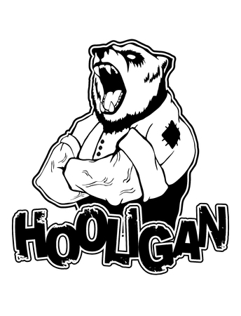 Isolated vector illustration of a bear head on man body.Hooligan textのイラスト素材