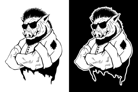 Isolated vector illustration of a boar head with human body.のイラスト素材