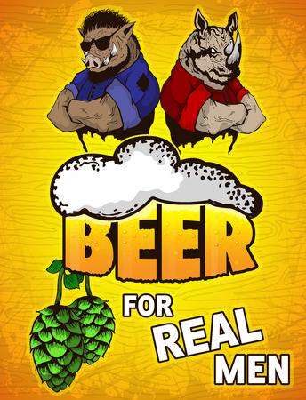 Beer for real men poster on a wooden background.のイラスト素材