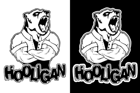 Print on t-shirt "hooligan" with a bear image illustration.のイラスト素材