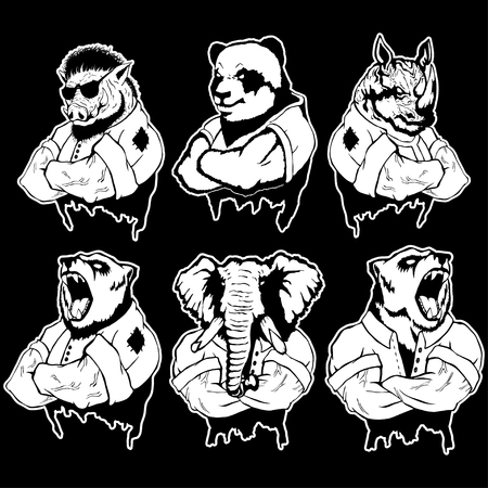 Isolated vector illustration of a set of wild wild animan-men.のイラスト素材