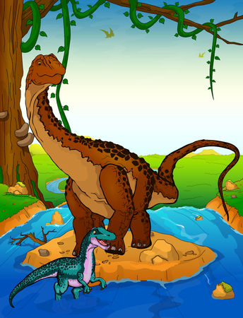 Diplodocus on the background of a waterfall.のイラスト素材