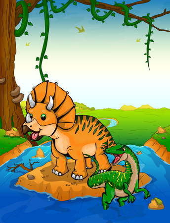 Triceratops on the background of a waterfall.のイラスト素材