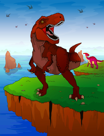Tyrannosaur on the background of the sea. Vector illustration.のイラスト素材