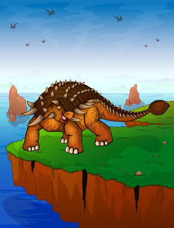 Ankylosaurus on the background of the sea. Vector illustration.のイラスト素材