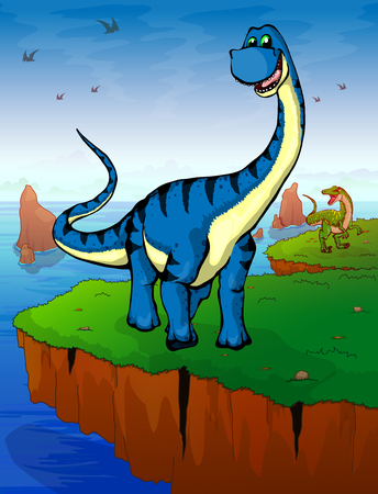 Diplodocus on the background of the sea. Vector illustration.のイラスト素材