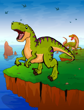 Tyrannosaur on the background of the sea. Vector illustration.のイラスト素材