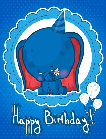happy birthday greeting card with cute cartoon elephant.のイラスト素材