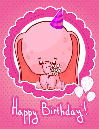 happy birthday greeting card with cute cartoon elephant.のイラスト素材