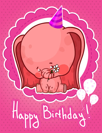 happy birthday greeting card with cute cartoon elephant.のイラスト素材