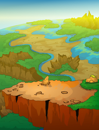 Valley landscape with trees, mountains and sun. Vector illustration.のイラスト素材