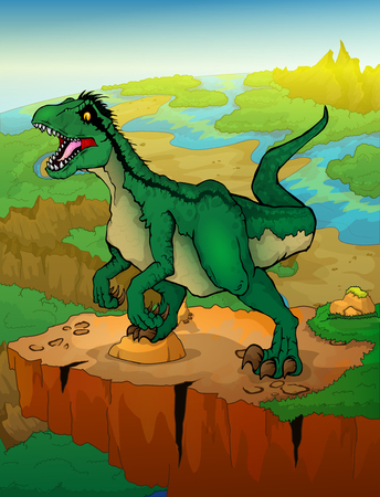 Raptor with landscape background. Vector illustration of a cartoon dinosaurs.のイラスト素材