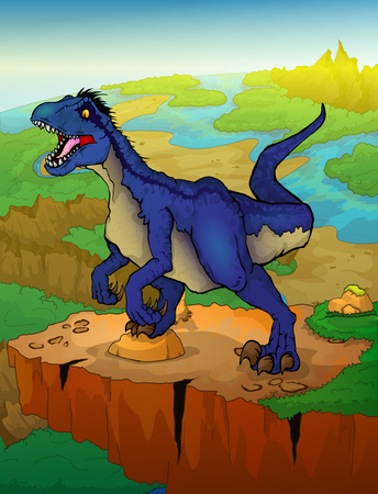 Raptor with landscape background. Vector illustration of a cartoon dinosaurs.のイラスト素材