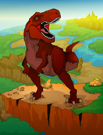 Tyrannosaurus with landscape background. Vector illustration of a cartoon dinosaurのイラスト素材