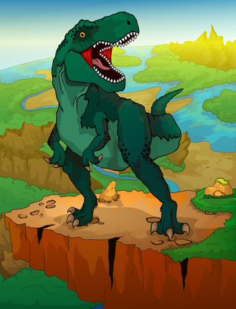 Tyrannosaurus with landscape background. Vector illustration of a cartoon dinosaurのイラスト素材