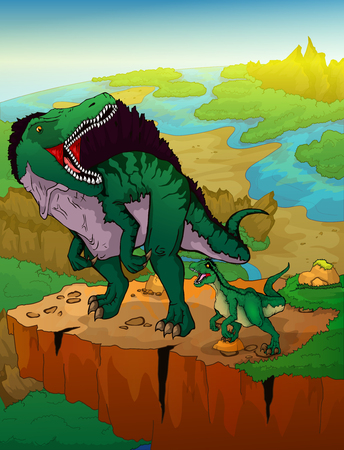Spinosaurus and raptor with landscape background. Vector illustration.のイラスト素材