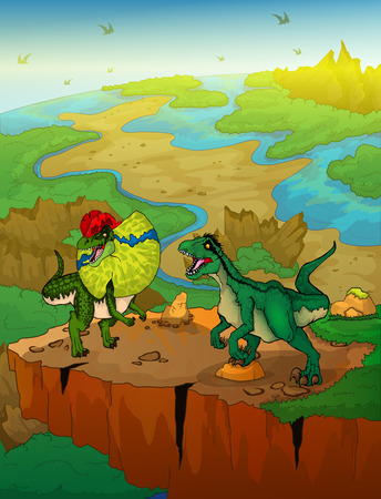 Dilophosaurus and raptor with landscape background. Vector illustration.のイラスト素材
