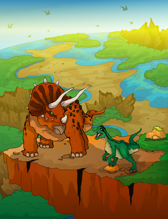 Triceratops and raptor with landscape background. Vector illustration.のイラスト素材