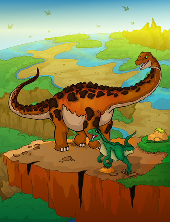 Diplodocus and raptor with landscape background. Vector illustration.のイラスト素材