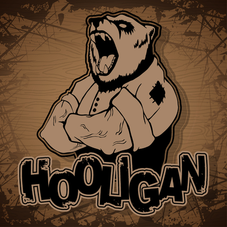 print on T-shirt hooligan with a bear image on a wooden background.のイラスト素材