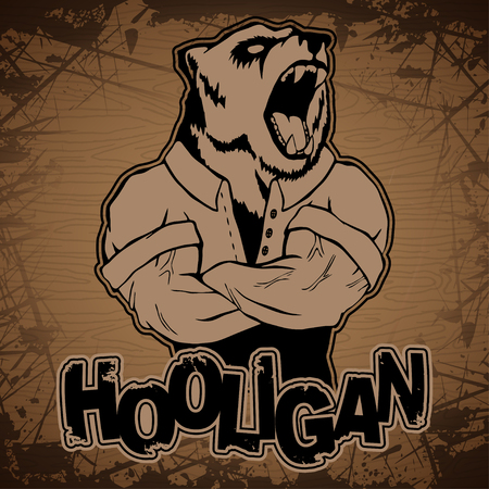 print on T-shirt hooligan with a bear image on a wooden background.のイラスト素材
