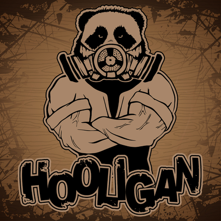 Astrong wild panda-man in a gas mask on a wooden background.のイラスト素材