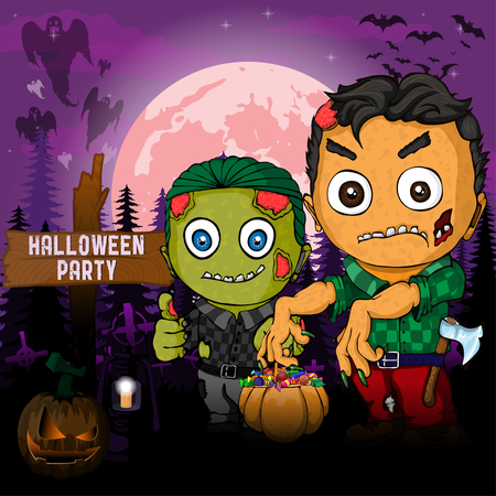 Halloween Party Design template, with zombie, pumpkin and lampのイラスト素材