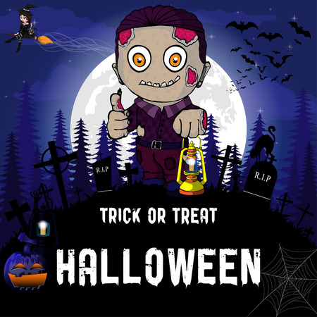 Halloween Party Design template, with witch, zombie,  pumpkin and lampのイラスト素材