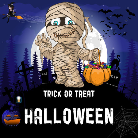 Halloween Party Design template, with witch, mummy,  pumpkin and lampのイラスト素材