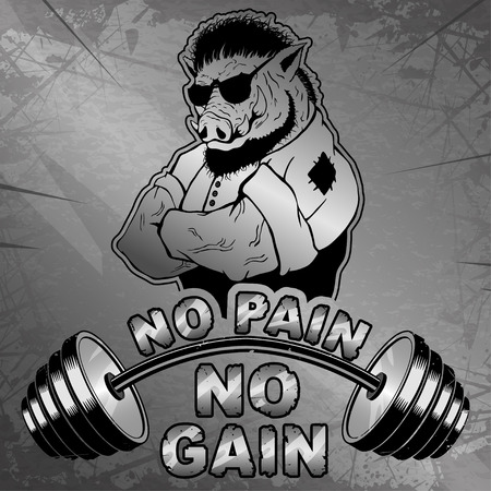 Vector illustration barbell and strong wild boar.のイラスト素材