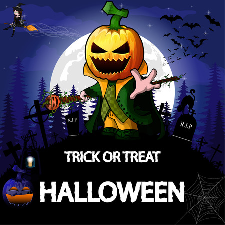 Halloween Party Design template, with witch, Pumpkin Cartoon Characters, pumpkin and lampのイラスト素材
