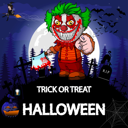 Halloween Party Design template, with clown, witch, pumpkin and lampのイラスト素材