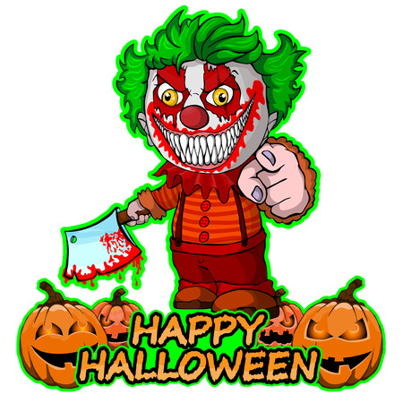 Evil clown holding a knif wishes happy halloween on isolated white backgroundのイラスト素材