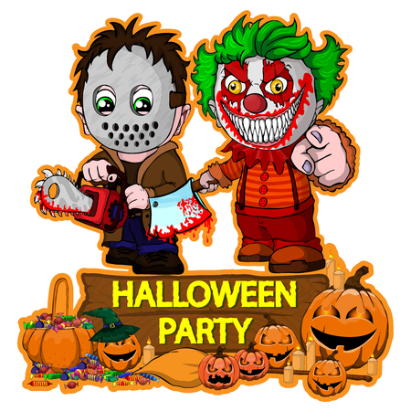 Halloween poster design with vector killer with mask and evil clown charactersのイラスト素材
