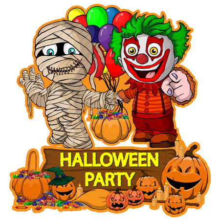 Halloween poster design with vector mummy and clown charactersのイラスト素材