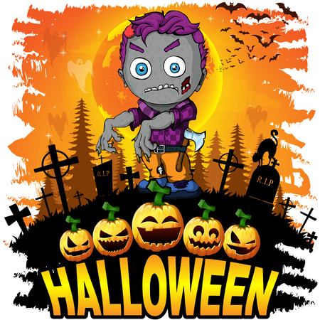 Colorful halloween cartoon greeting card with scary zombies.のイラスト素材