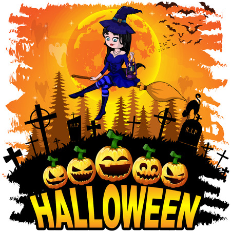 Halloween design template with witch. Vector illustration.のイラスト素材