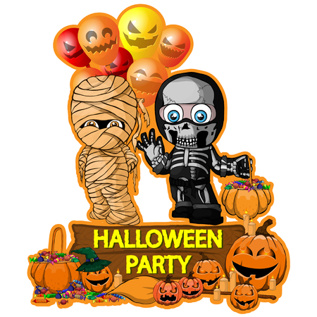 Halloween poster design with vector mummy with balloons and skeleton charactersのイラスト素材
