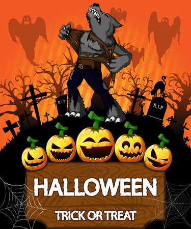 Poster of Halloween with werewolf. Vector illustration.のイラスト素材