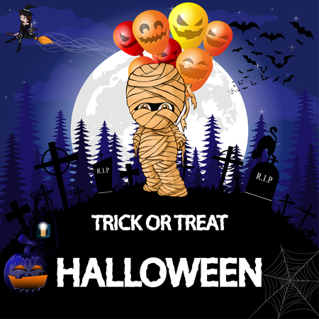 Halloween Party Design template with mummy with balloons, witch, pumpkin and lampのイラスト素材