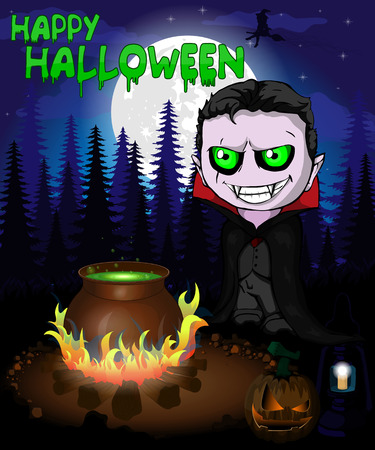 Halloween poster with  vampire in forest. Vector illustration.のイラスト素材