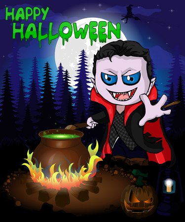 Halloween poster with  vampire in forest. Vector illustration.のイラスト素材
