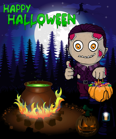 Halloween poster with  zombie in forest. Vector illustration.のイラスト素材