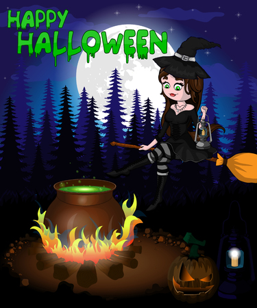 Halloween poster with  witch in forest. Vector illustration.のイラスト素材