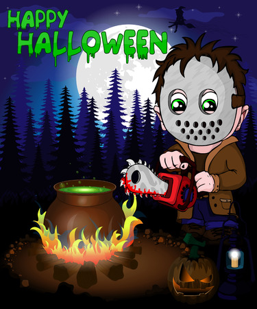 Halloween poster with  killer with mask in forest. Vector illustration.のイラスト素材