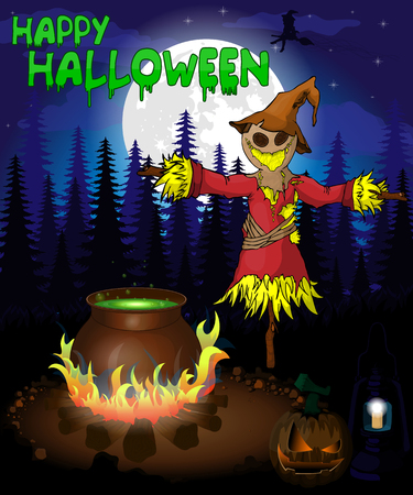 Halloween poster with scarecrow in forest. Vector illustration.のイラスト素材
