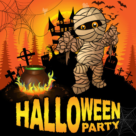 Halloween Party Poster with mummy. Vector illustration.のイラスト素材