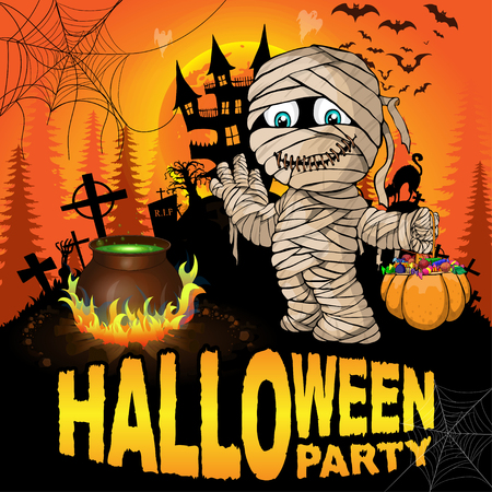 Halloween Party Poster with mummy. Vector illustration.のイラスト素材