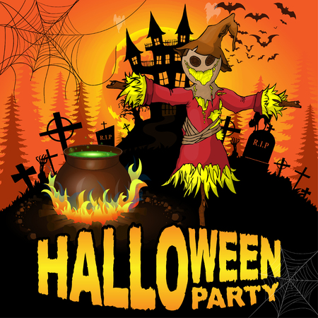 Halloween Party Poster with scarecrow. Vector illustration.のイラスト素材