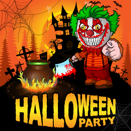 Halloween Party Poster with with evil clown. Vector illustration.のイラスト素材